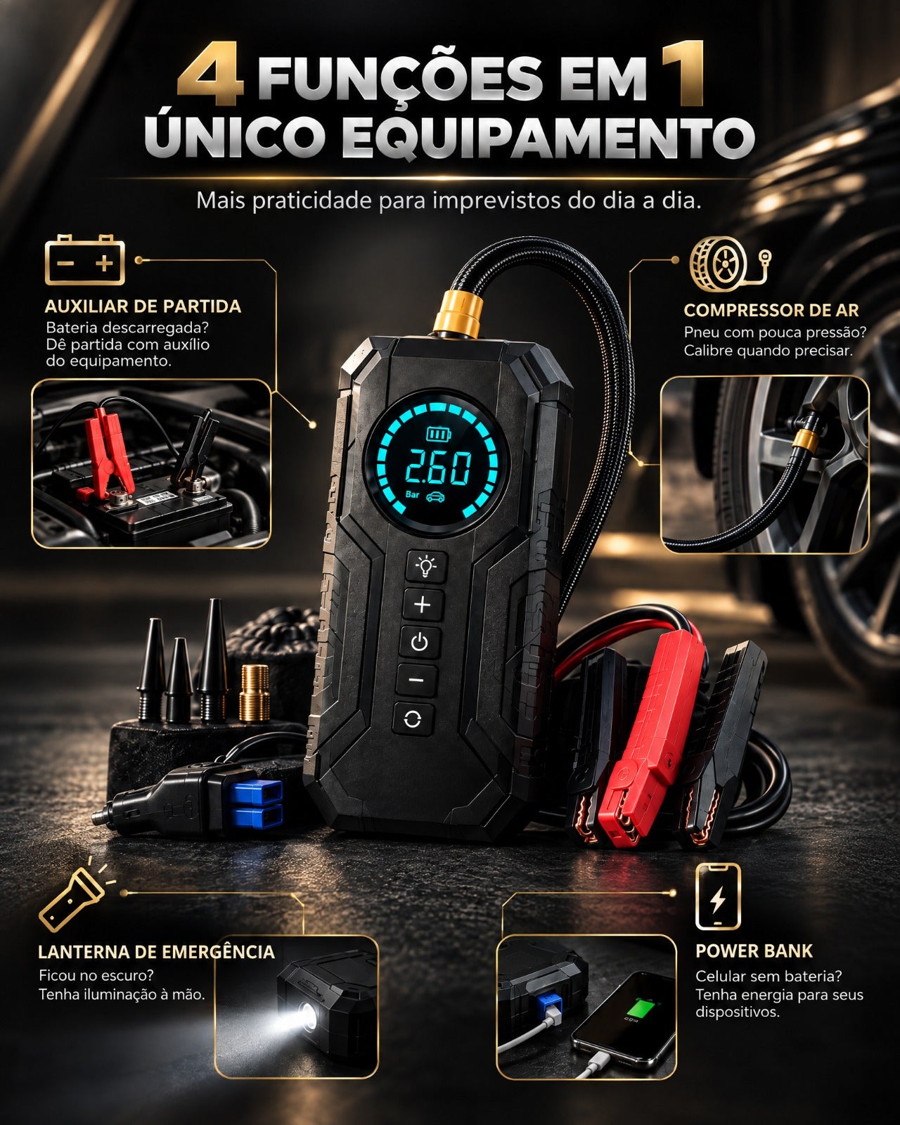 Auxiliar de Partida com Compressor de Ar · 4 em 1